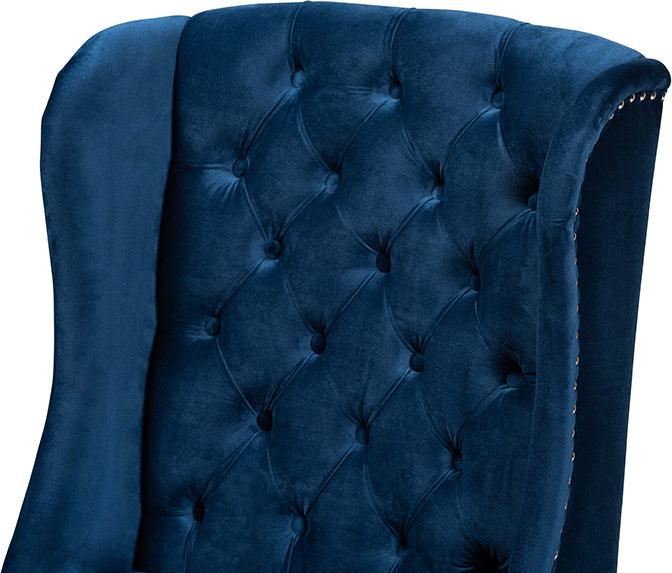 Wholesale Interiors Dining Chairs - Lamont Navy Blue Velvet Fabric Upholstered and Dark Brown Finished Wood Wingback Dining Chair