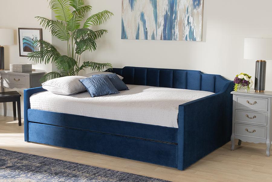 Wholesale Interiors Daybeds - Lennon Navy Blue Velvet Fabric Upholstered Queen Size Daybed with Trundle