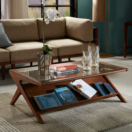 Olliix.com Coffee Tables - Coffee Table with Tempered Glass Pecan