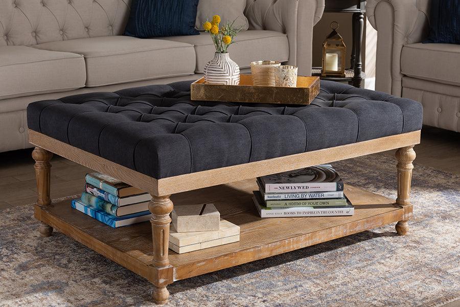 Wholesale Interiors Ottomans & Stools - Lindsey Modern and Rustic Charcoal Linen Fabric and Greywashed Wood Cocktail Ottoman
