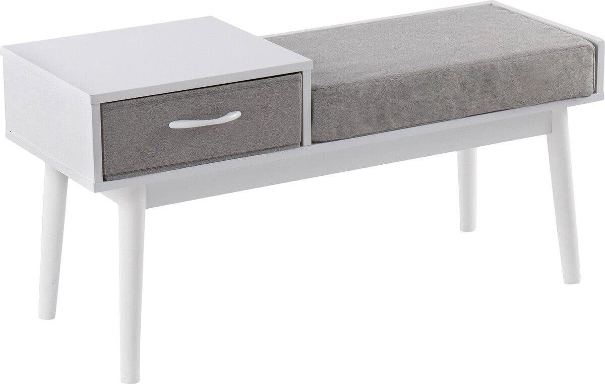 Lumisource Benches - Telephone Contemporary Bench in White Wood and Grey Fabric with Pull-Out Drawer