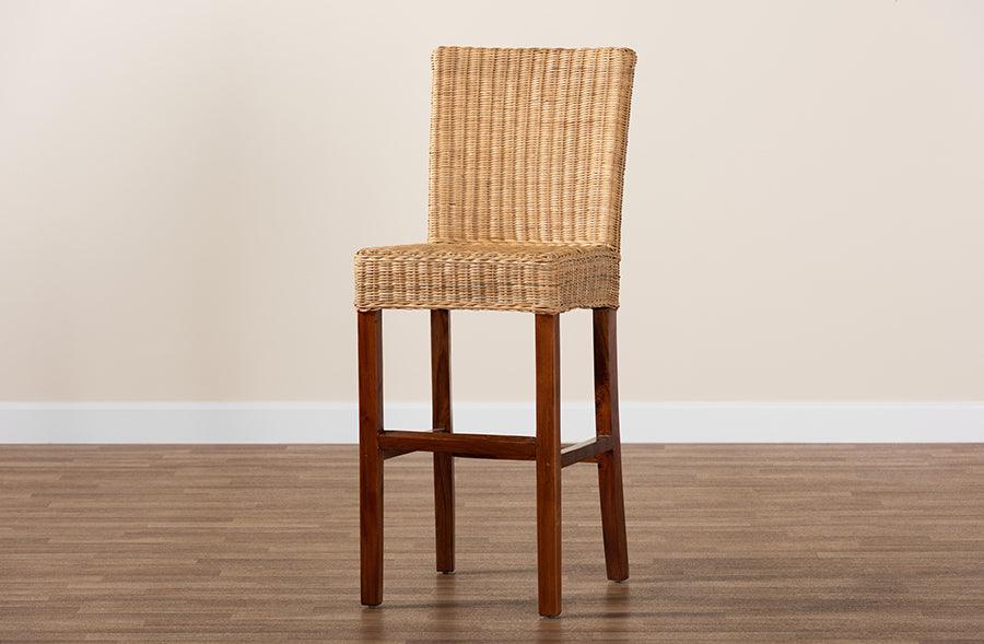 Wholesale Interiors Barstools - Racquel Modern Bohemian Natural Rattan And Mahogany Wood Bar Stool