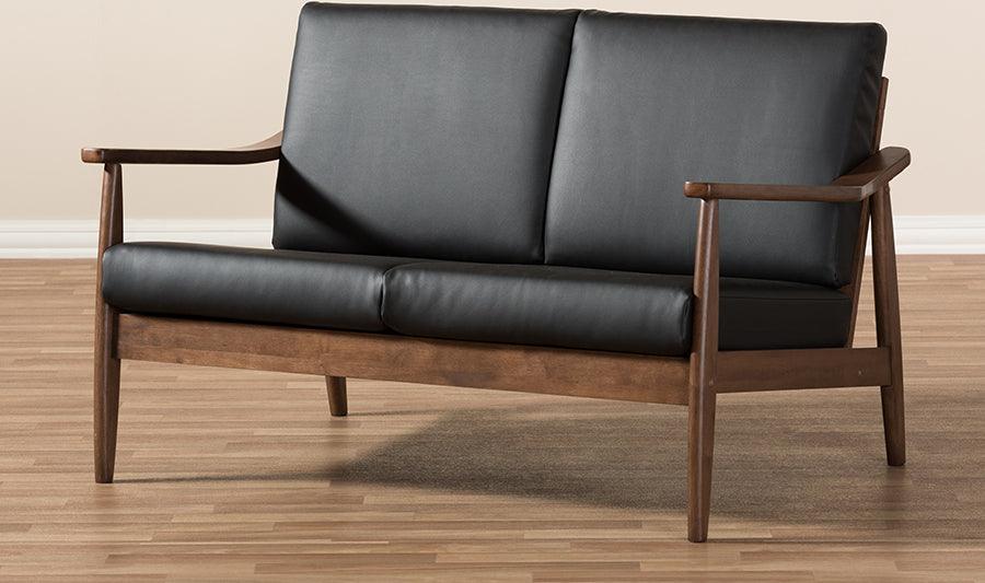 Wholesale Interiors Loveseats - Venza Mid-Century Modern Walnut Wood Black Faux Leather 2-Seater Loveseat
