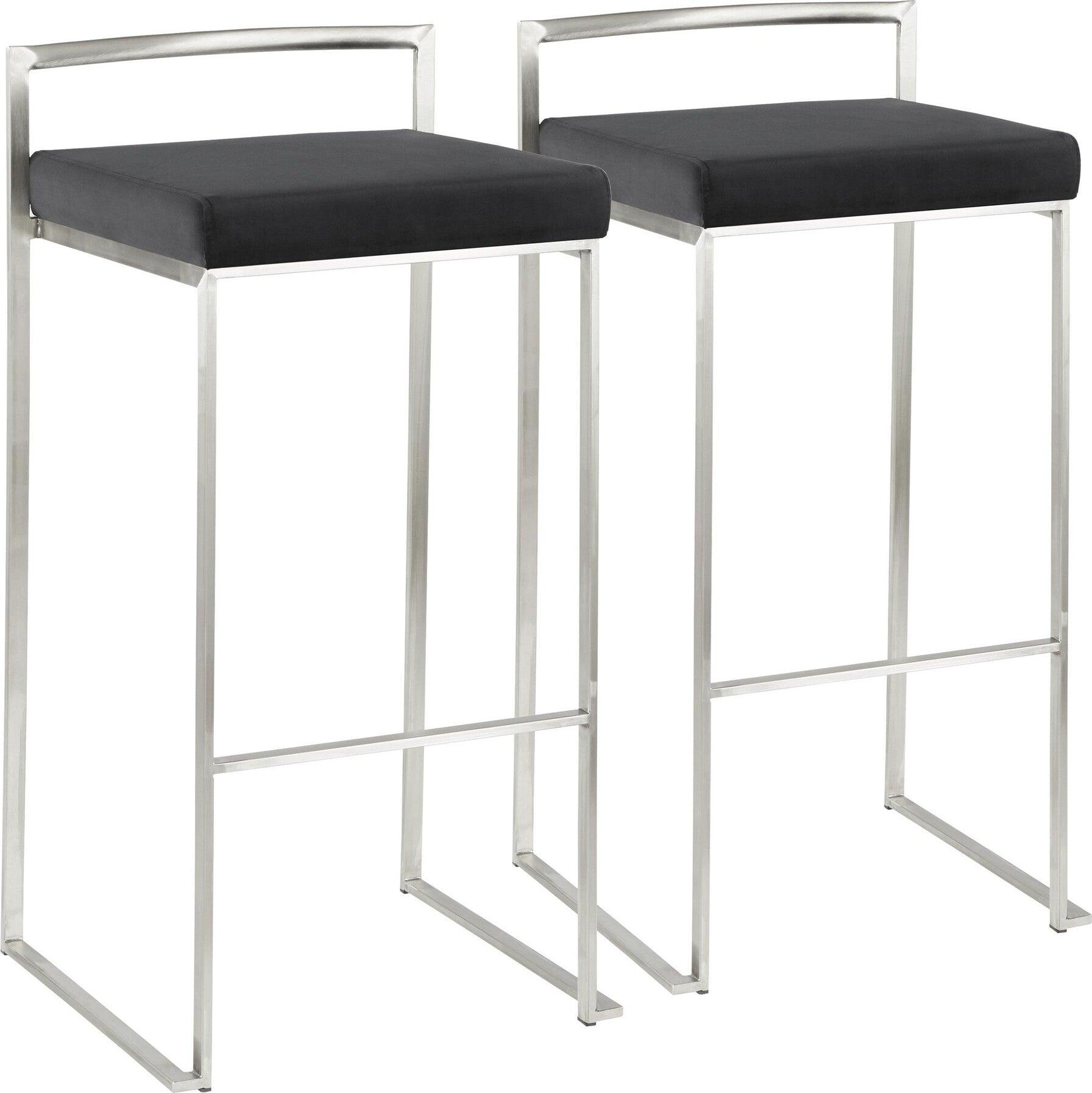 Lumisource Barstools - Fuji Contemporary Stackable Barstool in Stainless Steel with Black Velvet Cushion (Set of 2)