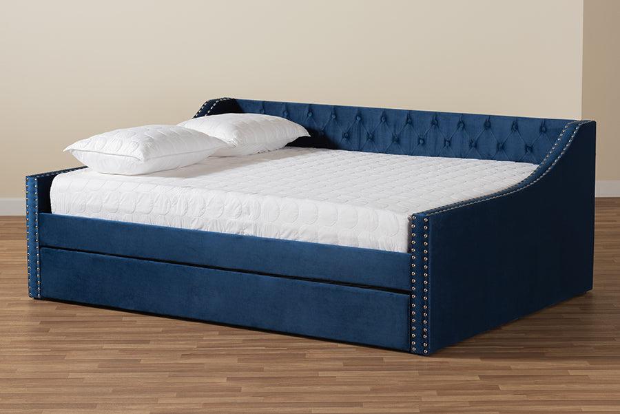 Wholesale Interiors Daybeds - Raphael Navy Blue Velvet Fabric Upholstered Full Size Daybed with Trundle