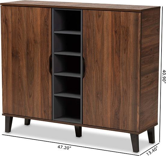 Wholesale Interiors Shoe Storage - Idina Mid-Century Modern Two-Tone Walnut Brown and Grey Wood 2-Door Shoe Cabinet