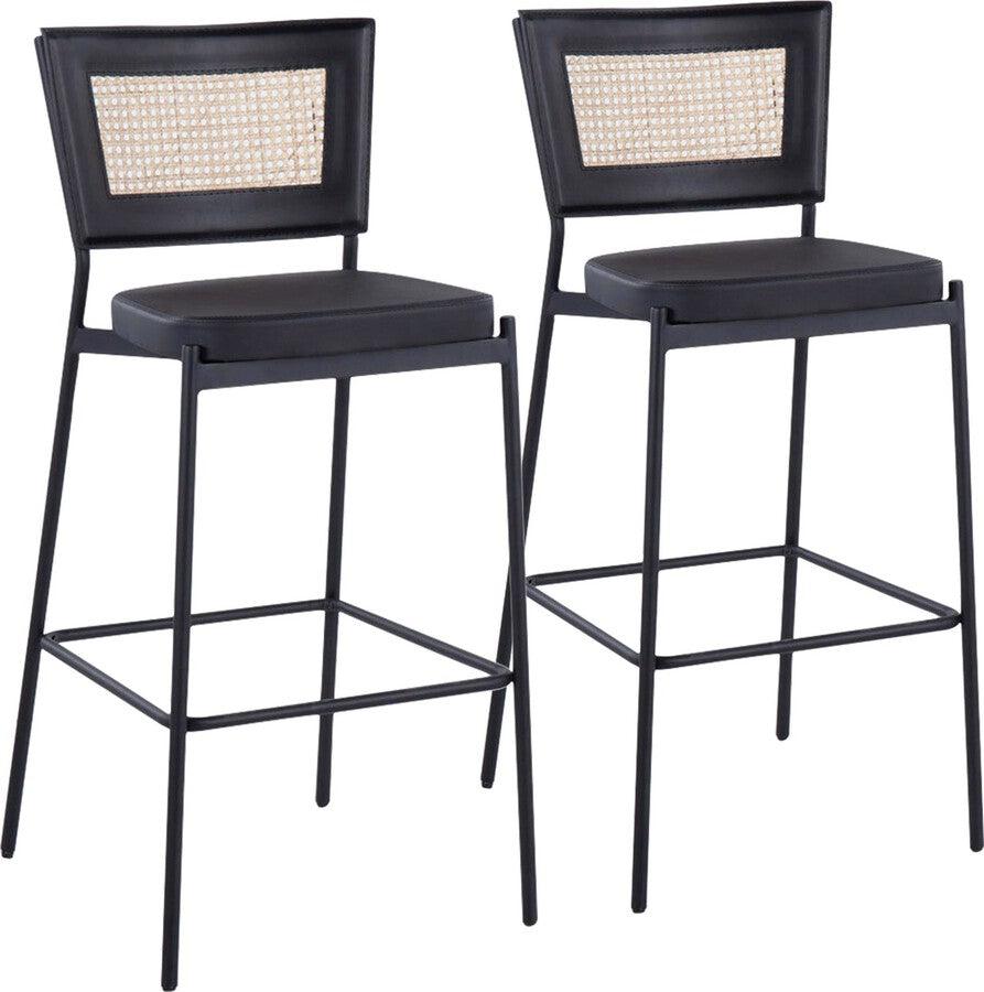 Lumisource Barstools - Rattan Tania Bar Stool In Black Metal, Black Faux Leather, & Rattan Back (Set of 2)