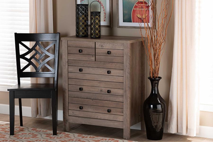 Wholesale Interiors Chest of Drawers - Derek Modern and Contemporary Transitional Rustic Oak Finished Wood 5-Drawer Chest