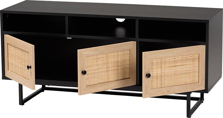 Wholesale Interiors TV & Media Units - Declan Mid-Century Modern Espresso Brown Finished Wood and Natural Rattan 3-Door TV Stand