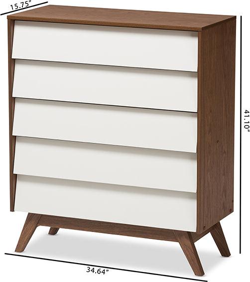 Wholesale Interiors Chest of Drawers - Hildon Mid-Century Modern White and Walnut Wood 5-Drawer Storage Chest