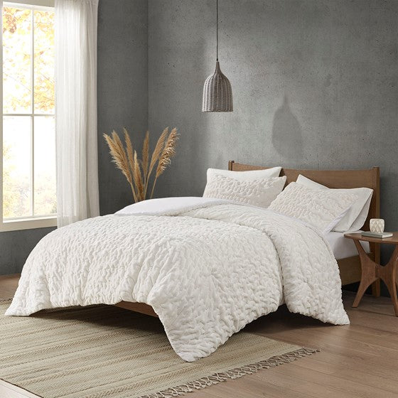 Olliix.com Comforters & Blankets - Ruched Fur Down Alternative Comforter Set Ivory Cal King