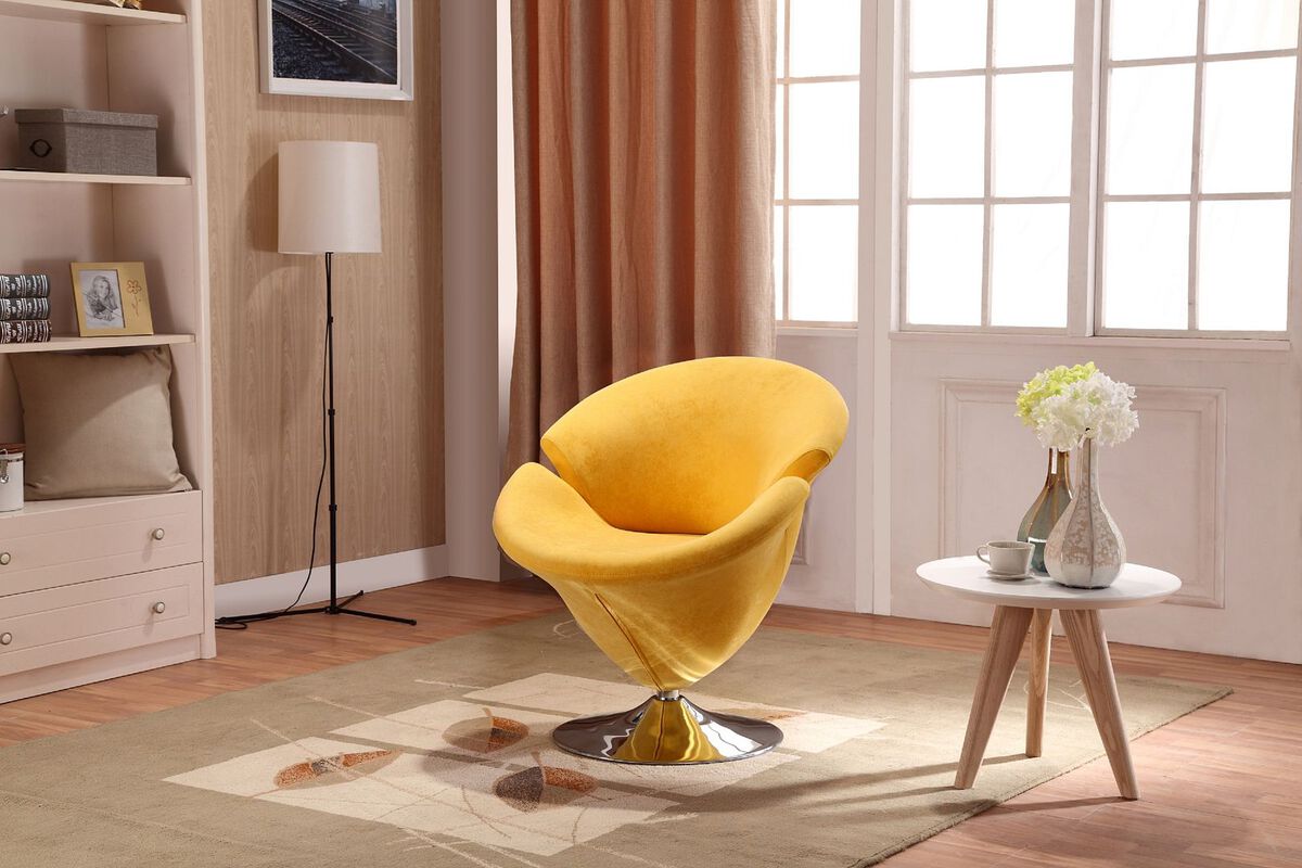 Manhattan Comfort Accent Chairs - Tulip Yellow and Polished Chrome Velvet Swivel Accent Chair