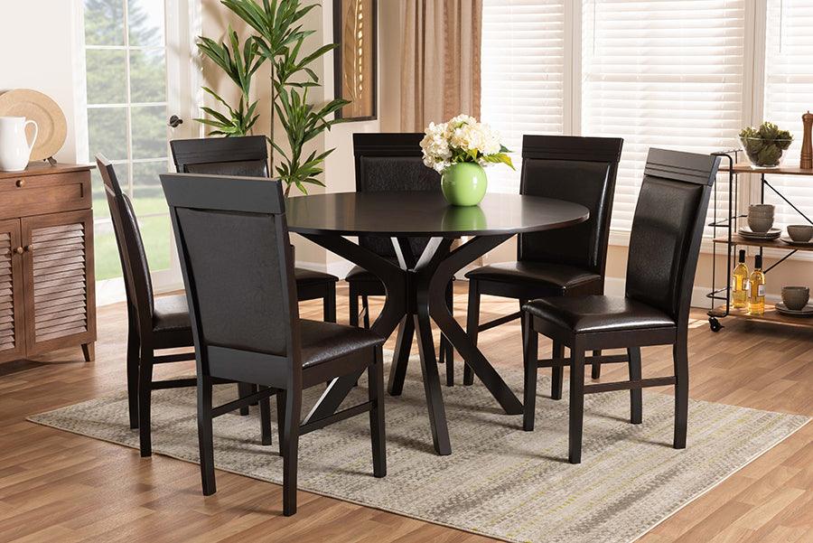 Wholesale Interiors Dining Sets - Jeane Dark Brown Faux Leather Upholstered and Dark Brown Finished Wood 7-Piece Dining Set