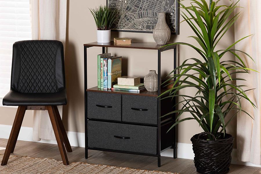 Wholesale Interiors Cabinets & Wardrobes - Hakan Modern Industrial Grey Fabric and Walnut Brown Wood 3-Drawer Storage Cabinet