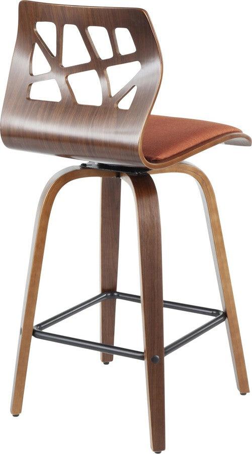 Lumisource Barstools - Folia Mid-Century Modern Counter Stool in Walnut Wood and Orange Fabric - Set of 2