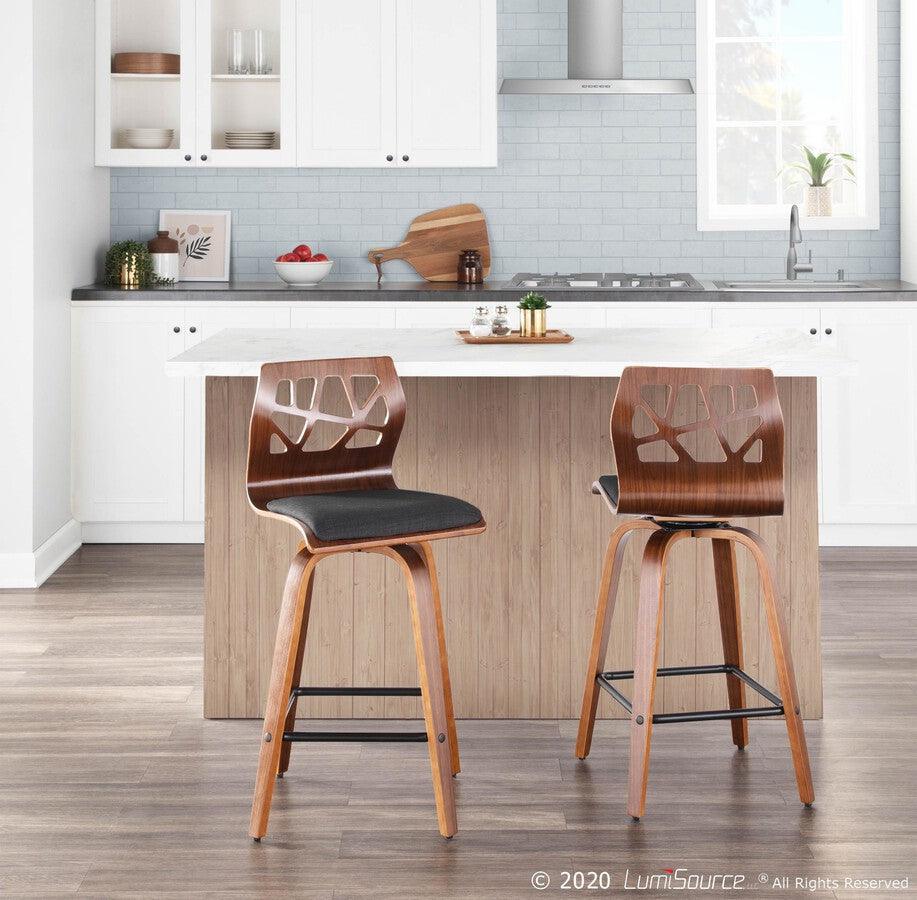 Lumisource Barstools - Folia Mid-Century Modern Counter Stool in Walnut Wood and Charcoal Fabric -set of 2
