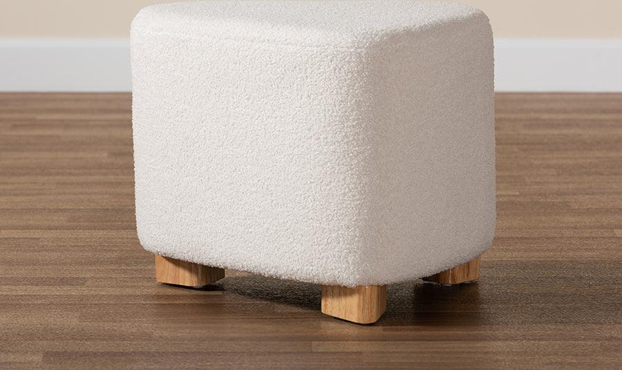 Wholesale Interiors Ottomans & Stools - Brielle Contemporary Ivory Boucle Upholstered and Natural Brown Finished Wood Ottoman