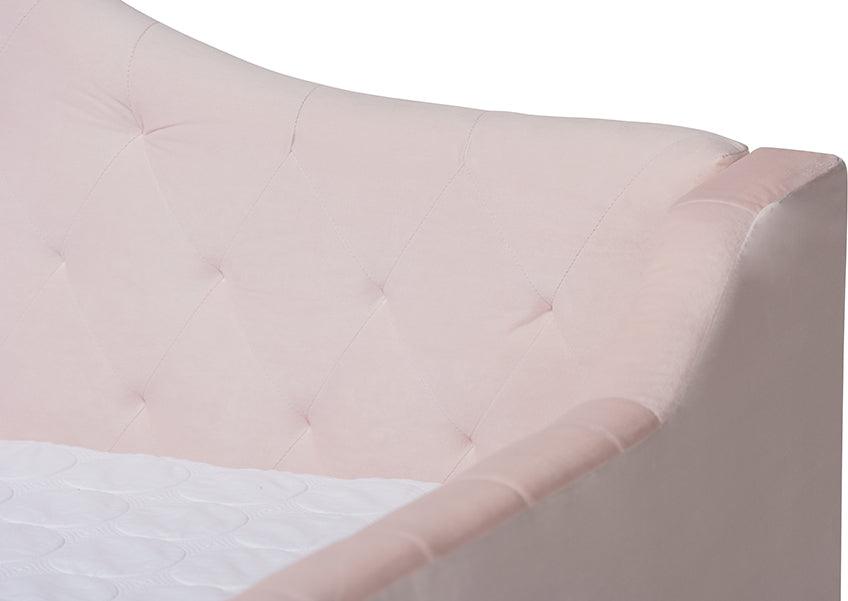 Wholesale Interiors Daybeds - Perry Light Pink Velvet Fabric Upholstered And Button Tufted Twin Size Daybed With Trundle