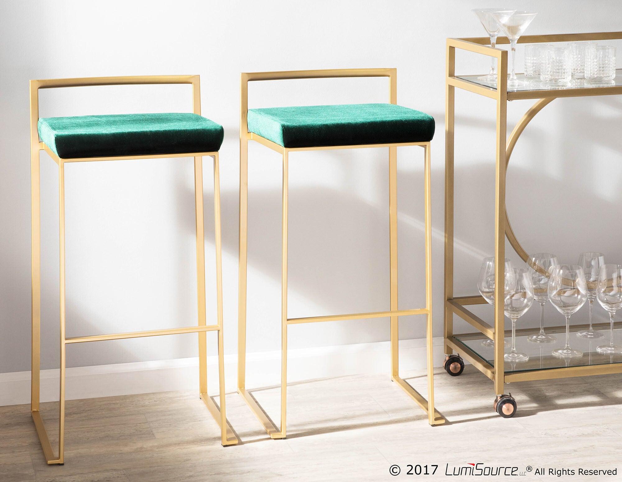 Lumisource Barstools - Fuji Contemporary-Glam Stackable Barstool in Gold with Green Velvet Cushion (Set of 2)