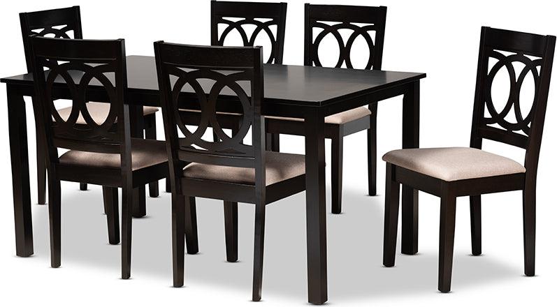Wholesale Interiors Dining Sets - Lenoir Sand Fabric Upholstered Espresso Brown Finished Wood 7-Piece Dining Set