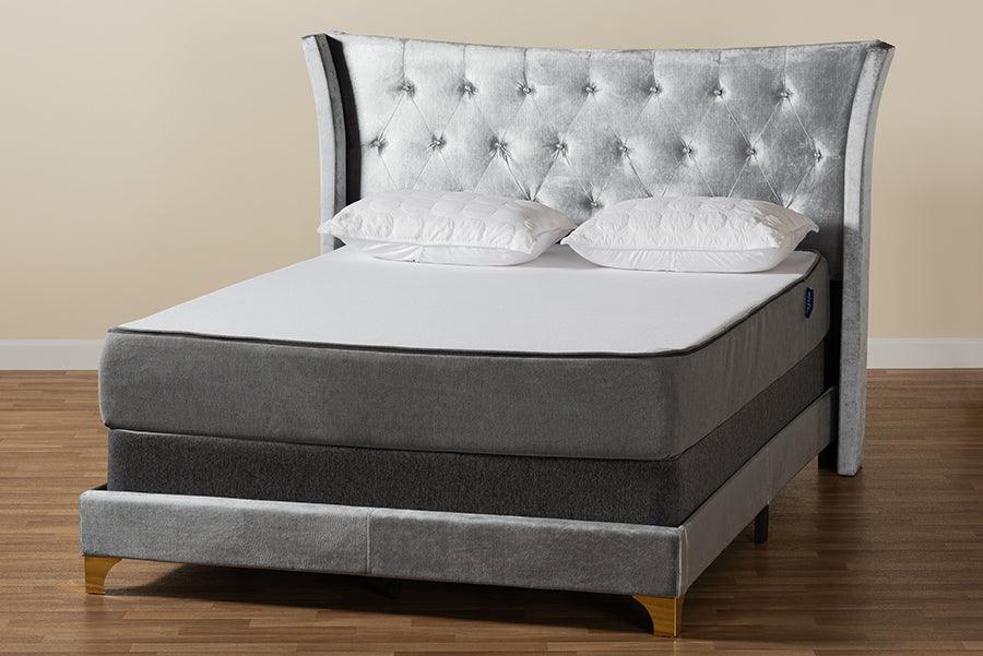 Wholesale Interiors Beds - Easton Contemporary Glam and Luxe Grey Velvet and Gold Metal Queen Size Panel Bed