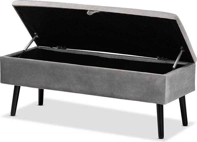 Wholesale Interiors Benches - Caine Modern and Contemporary Grey Velvet and Dark Brown Wood Storage Bench