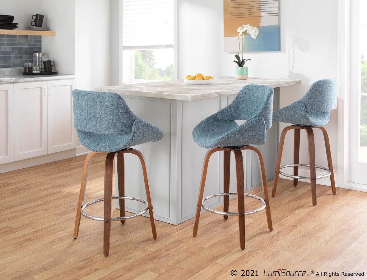 Lumisource Barstools - Fabrico Mid-Century Modern Counter Stool Walnut and Blue Noise Fabric (Set of 2)