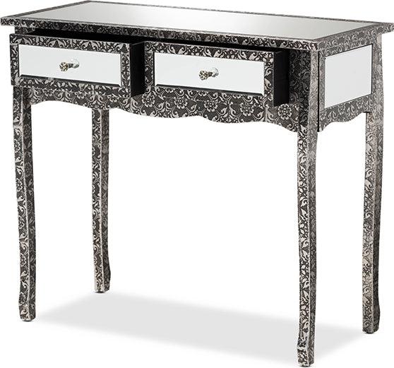Wholesale Interiors Consoles - Wycliff Industrial Glam and Luxe Silver Finished Metal and Mirrored Glass 2-Drawer Console Table