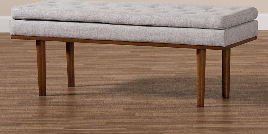 Wholesale Interiors Benches - Arne Mid-Century Modern Greyish Beige Fabric Upholstered Walnut Finished Bench