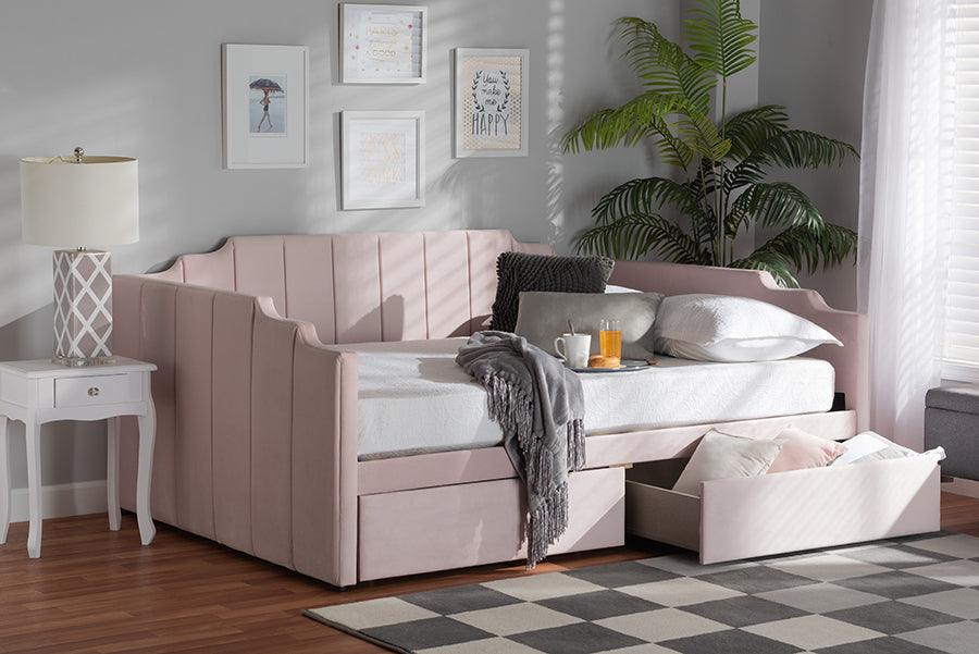 Wholesale Interiors Daybeds - Gulliver Modern and Contemporary Light Pink Velvet Fabric Upholstered 2-Drawer Daybed