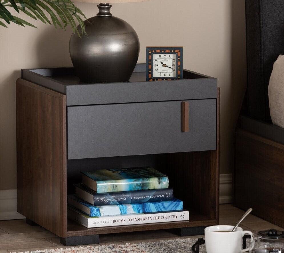 Wholesale Interiors Nightstands & Side Tables - Rikke 1-Drawer Nightstand Walnut & Gray