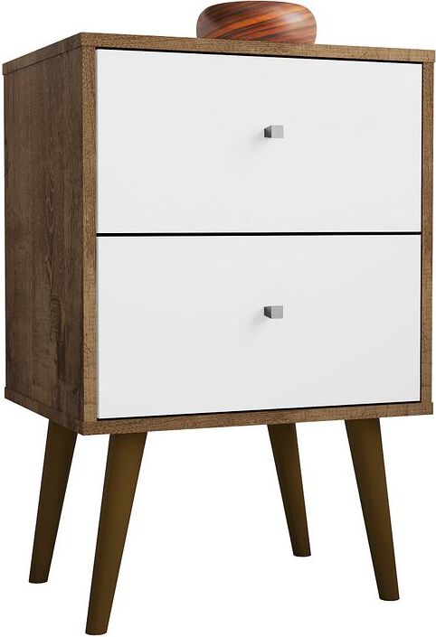 Manhattan Comfort Nightstands & Side Tables - Liberty Mid-Century - Modern Nightstand 2.0 with 2 Full Extension Drawers in Rustic Brown & White