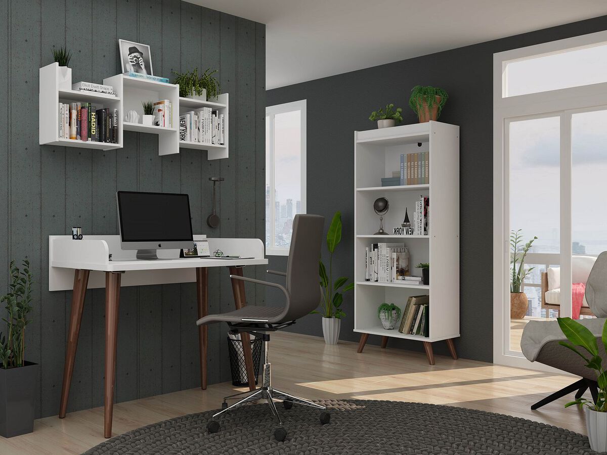 Manhattan Comfort Home Office Sets - Hampton 3- Piece Home Basic Furniture Office Set in White