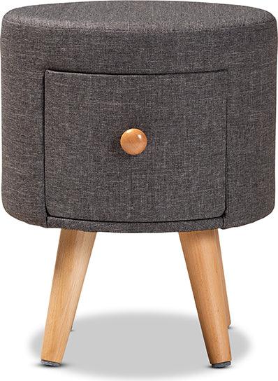 Wholesale Interiors Ottomans & Stools - Rocco Modern Transitional Dark Grey Fabric and Brown Wood 1-Drawer Ottoman Stool