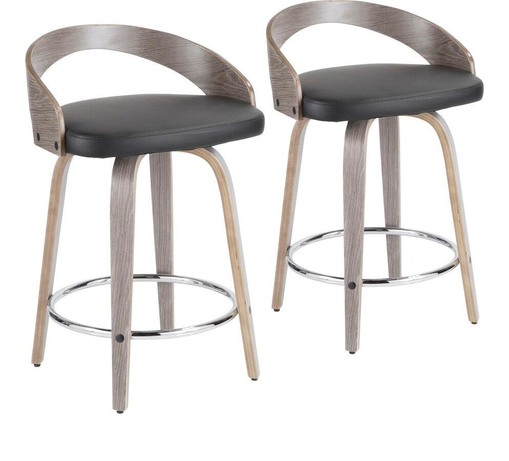 Lumisource Barstools - Grotto Mid-Century Modern Counter Stool with Light Grey Wood and Black Faux Leather - Set of 2