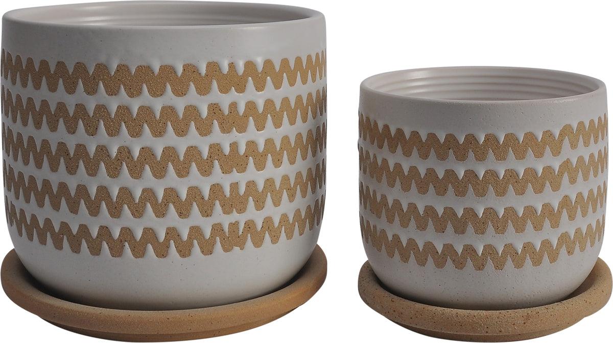 Sagebrook Home Planters - Set Of 2 5/6" Zig-zag Planter W/ SauCeremic White