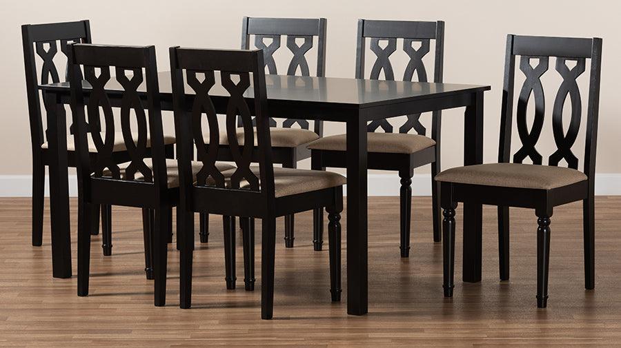 Wholesale Interiors Dining Sets - Cherese Sand Fabric Upholstered and Dark Brown Finished Wood 7-Piece Dining Set