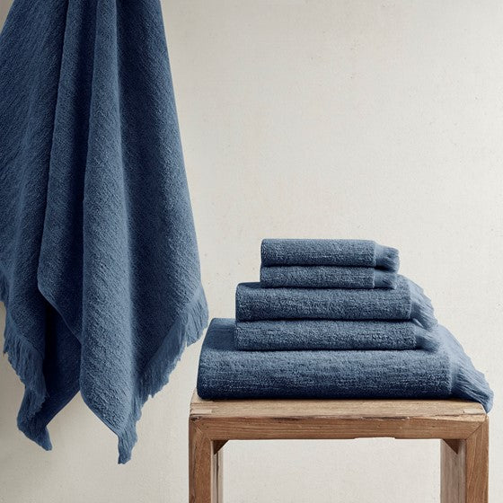 Olliix.com Bath Towels - Cotton Dobby Slub 6 Piece Towel Set Navy