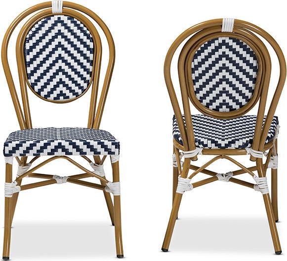 Wholesale Interiors Outdoor Dining Chairs - Alaire Indoor and Outdoor Blue and White Bamboo Style Stackable 2-Piece Bistro Dining Chair Set