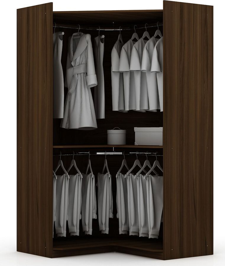 Manhattan Comfort Cabinets & Wardrobes - Mulberry 2.0 Modern Corner Wardrobe Closet with 2 Hanging Rods in Brown