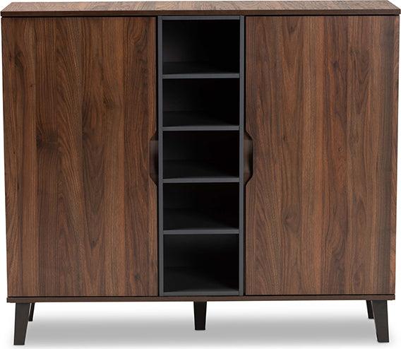 Wholesale Interiors Shoe Storage - Idina Mid-Century Modern Two-Tone Walnut Brown and Grey Wood 2-Door Shoe Cabinet