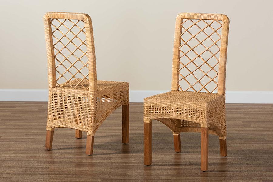 Wholesale Interiors Dining Chairs - Moscow Bohemian Natural Brown Rattan and Walnut Brown Mahogany Wood 2-Piece Dining Chair Set
