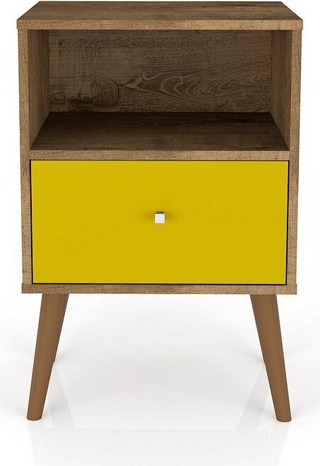 Manhattan Comfort Nightstands & Side Tables - Liberty Mid-Century - Modern Nightstand 1.0 with 1 Cubby Space & 1 Drawer in Rustic Brown & Yellow