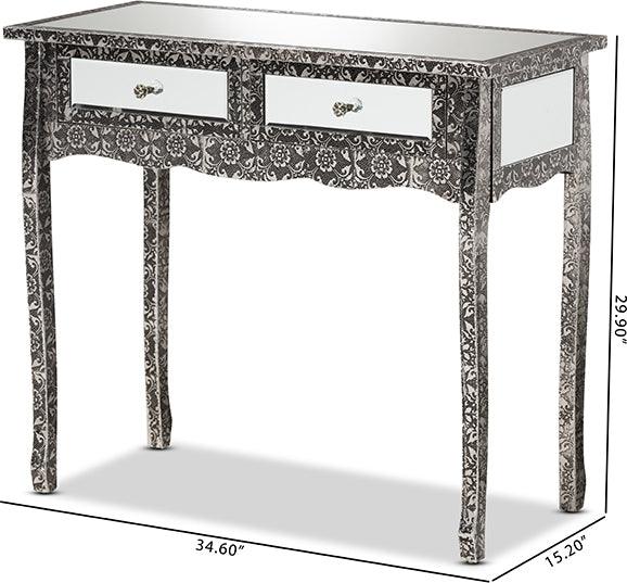 Wholesale Interiors Consoles - Wycliff Industrial Glam and Luxe Silver Finished Metal and Mirrored Glass 2-Drawer Console Table