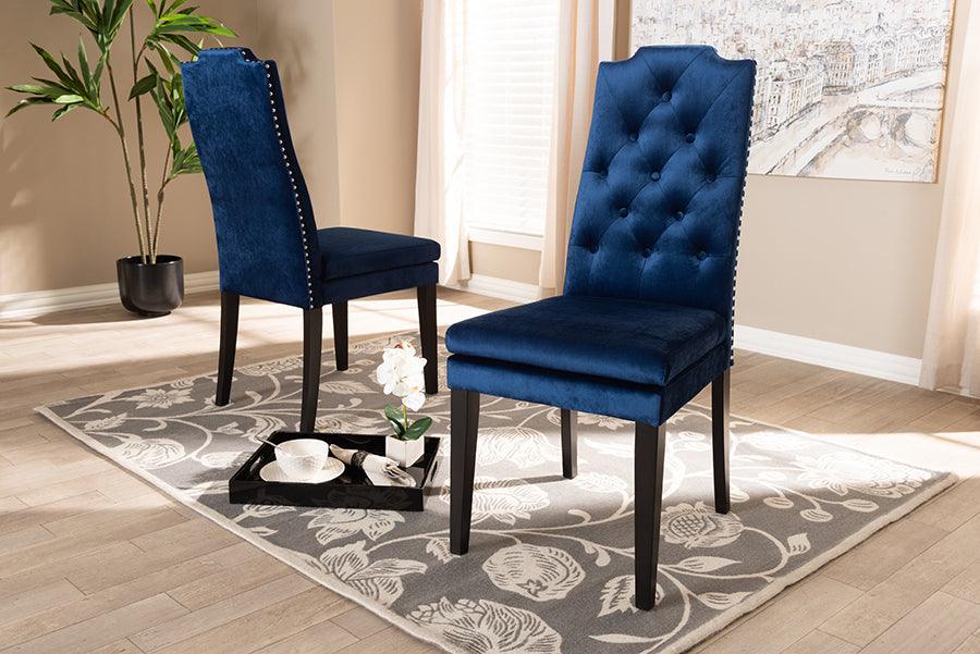 Wholesale Interiors Dining Chairs - Dylin Contemporary Navy Blue Velvet Wood Dining Chair Set of 2