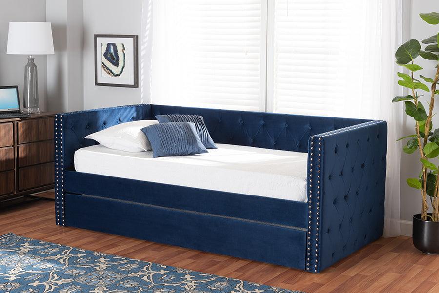 Wholesale Interiors Daybeds - Larkin Navy Blue Velvet Fabric Upholstered Twin Size Daybed with Trundle