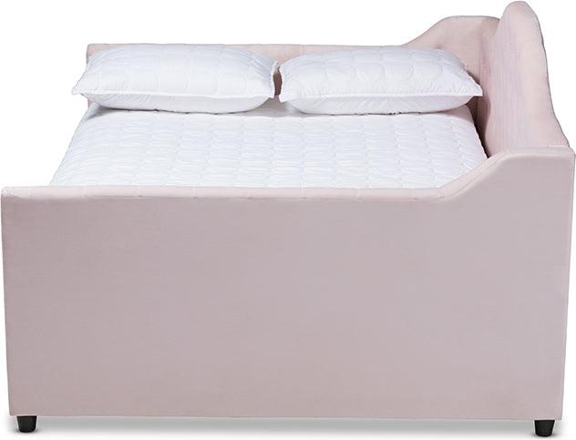 Wholesale Interiors Daybeds - Perry Light Pink Velvet Fabric Upholstered And Button Tufted Full Size Daybed With Trundle