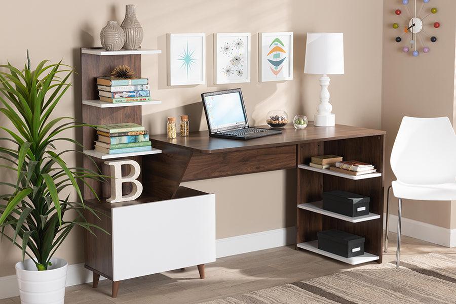 Wholesale Interiors Desks - Tobias Mid-Century Modern White and Brown Finished Wood Storage Desk with Shelves