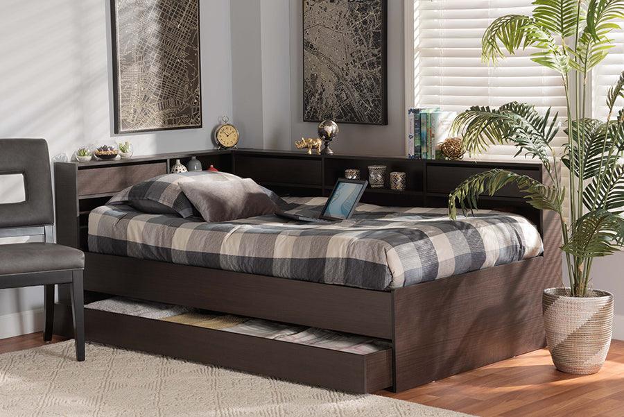 Wholesale Interiors Beds - Faraday Dark Brown Finished Wood Twin Size Platform Storage Corner Bed