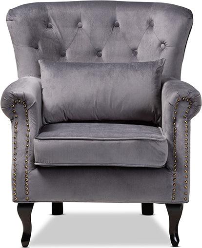 Wholesale Interiors Accent Chairs - Fletcher Classic and Traditional Grey Velvet and Dark Brown Wood Armchair